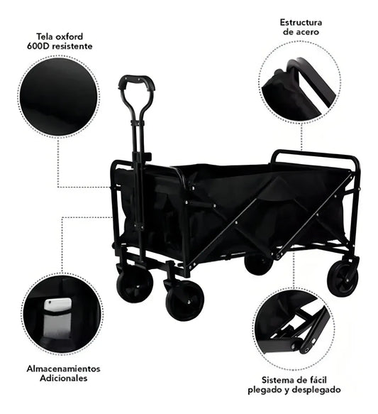 Carro Camping Plegable Negro con 4 Rueda